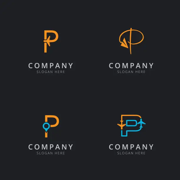 Vector illustration of Initial P logo with travel elements in orange and blue color