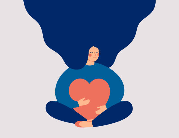 Smiling female character sits in lotus pose with closed eyes and eembraces a big red heart Young woman embraces a big red heart with mindfulness and love. Smiling female character sits in lotus pose with closed eyes and enjoys her freedom and life. Body positive and mental health concept. cross legged illustrations stock illustrations