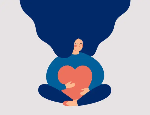 Vector illustration of Smiling female character sits in lotus pose with closed eyes and eembraces a big red heart