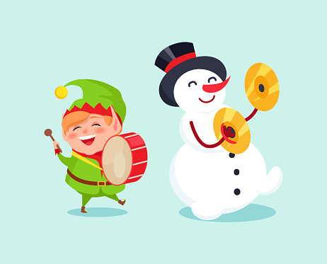 Cute elf playing on drum, snowman with Ñymbal musical instrument vector illustration cartoon winter characters isolated on blue background, music band