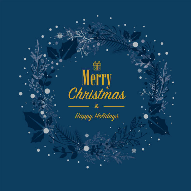 Christmas card with blue golden hand drawn wreath Blue golden hand drawn wreath with Happy Holidays text metal laurel wreath stock illustrations