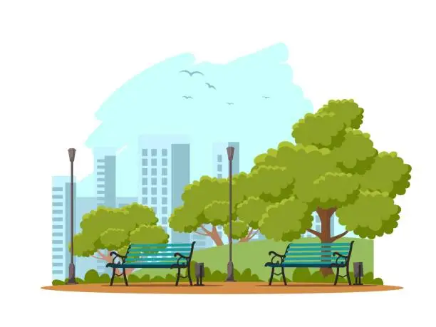 Vector illustration of Public city park background illustration. Street with green trees, bushes and grass. Urban summer outdoor vector. Scenic view with wooden benches , lanterns and trash bins
