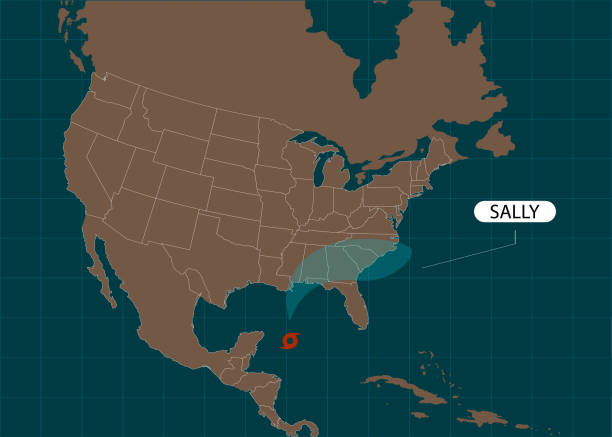 ilustraciones, imágenes clip art, dibujos animados e iconos de stock de el huracán sally se muda a los ee.uu. mapa del mundo. ilustración vectorial. eps 10 - 7700