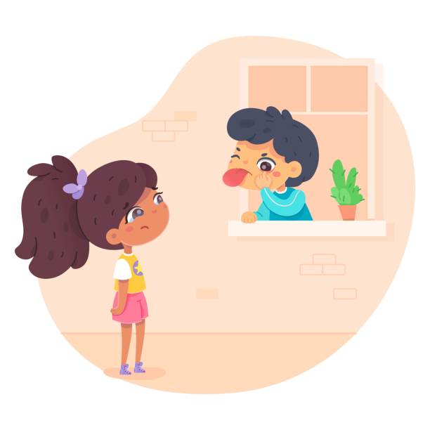 Boy teases girl, showing his tongue and grimacing insultingly Boy teases girl, showing his tongue and grimacing insultingly. Child cries from resentment. Good or bad kid behavior scene. Vector character illustration of children conflicts, negative emotions rudeness stock illustrations