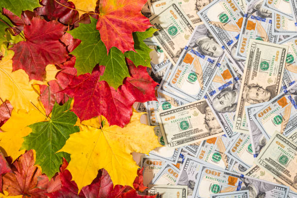 istock Autumn prices fall concept. Background from dollars and colored maple leaves 1272671102
