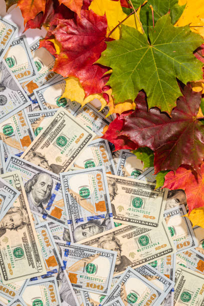 istock Autumn prices fall concept. Background from dollars and colored maple leaves 1272671274