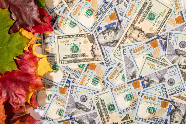 istock Autumn prices fall concept. Background from dollars and colored maple leaves 1272671535