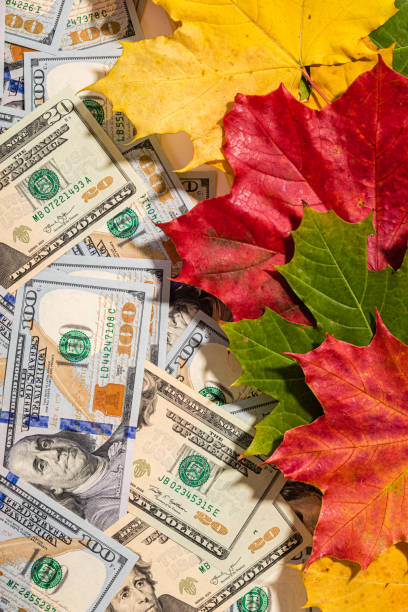 istock Autumn prices fall concept. Background from dollars and colored maple leaves 1272671623
