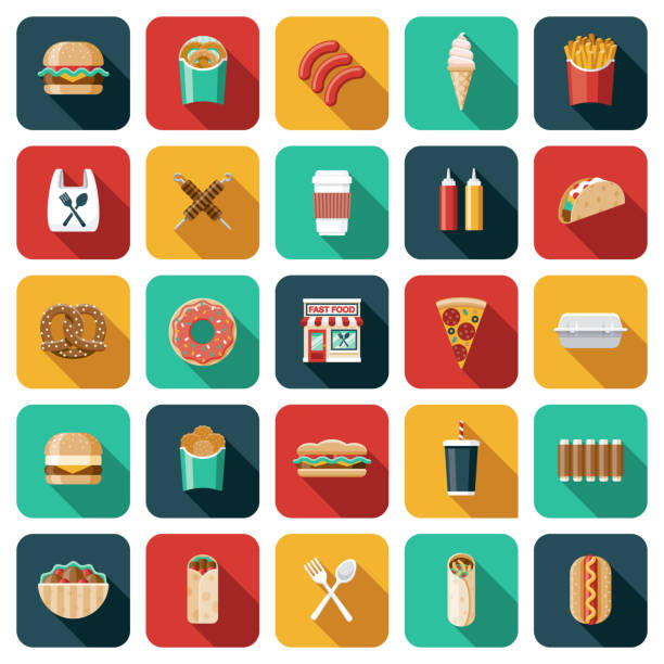 Fast Food Icon Set A set of flat design icons. File is built in the CMYK color space for optimal printing. Color swatches are global so it’s easy to edit and change the colors. fast food stock illustrations