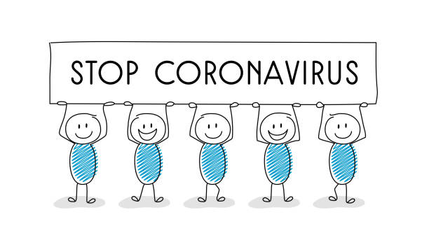 istock Cartoon people holding banner with “stop coronavirus” text. Preventing coronavirus epidemic. Vector 1272673229