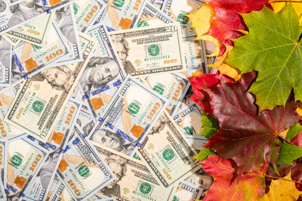 istock Autumn prices fall concept. Background from dollars and colored maple leaves 1272674278