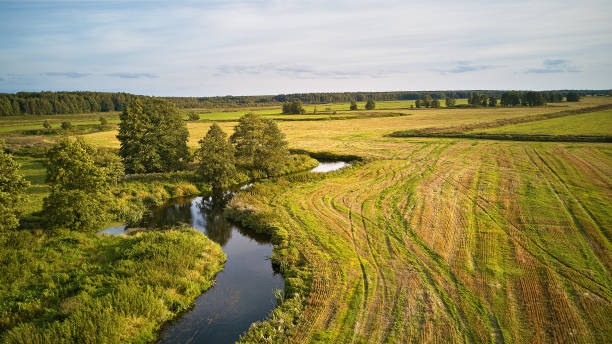 istock Autumn landscape in evening sunlight from above. Agriculture fields after harvest 1272677665
