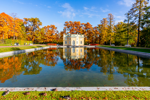 St. Petersburg, Russia - October 2019: Upper bath in Tsarskoe Selo (Pushkin) in autumn