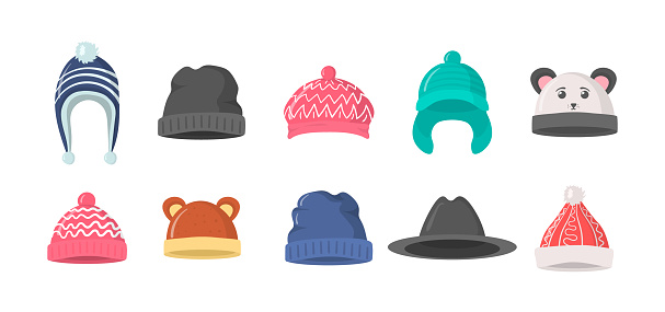 Collection of winter or autumn hats in flat style. Knitted hat, caps for girls and boys in cold weather isolated on white background. Web page design element icon. Vector illustration, eps 10.