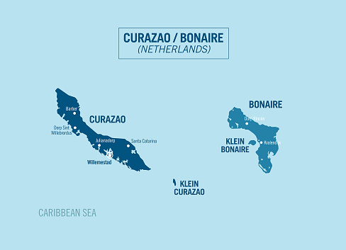 Curaçao Bonaire, Willemstad, Netherlands Island political map. Detailed vector illustration with isolated provinces, departments and cities, easy to ungroup.