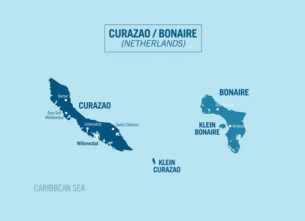 Vector illustration of Curaçao Bonaire, Willemstad, Netherlands Island political map. Detailed vector illustration with isolated provinces, departments and cities, easy to ungroup.