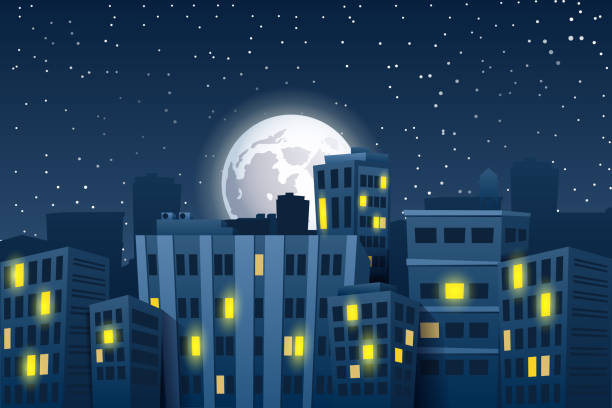 ilustraciones, imágenes clip art, dibujos animados e iconos de stock de ilustración del paisaje urbano nocturno con la luna. modernos rascacielos con luz en pisos. horizonte de la ciudad nocturna con luna llena sobre techos de casas de la ciudad. ilustración vectorial - city night spooky skyline