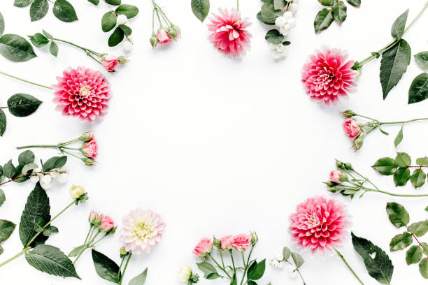 istock Round frame with pink flower buds, branches and leaves isolated on white background. lay flat, top view 1272681531