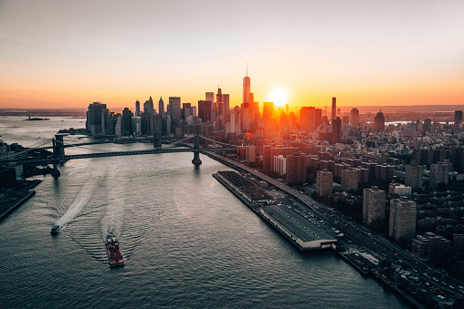 lower manhattan skyline at dusk