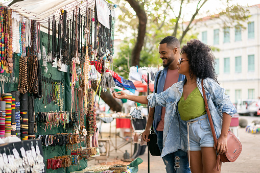 Afro couple, Street market, Shopping, Happiness, Tourists