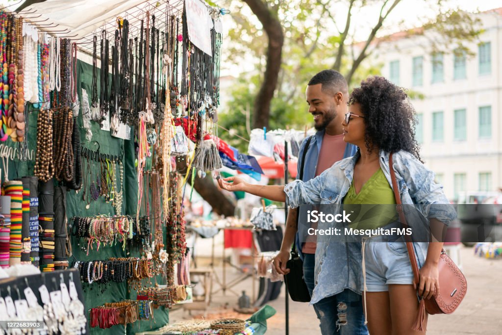 Handicraft market in Olinda, Pernambuco Afro couple, Street market, Shopping, Happiness, Tourists Market - Retail Space Stock Photo