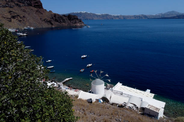 Aerial view of port of Therasia island, also known as ThirasÃ­a, in Greece on Aug.  16, 2020.