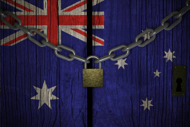 istock Conceptual composition on lockdown for quarantine for the covid-19 coronavirus Australia confinement 3d render. 1272685140