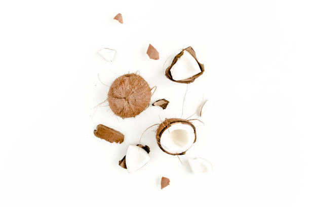 istock cracked coconut on white background. flat lat, top view 1272685714