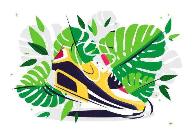 Vector illustration of Vector illustration of a sports sneaker with green tropical leaves in the background, sports theme