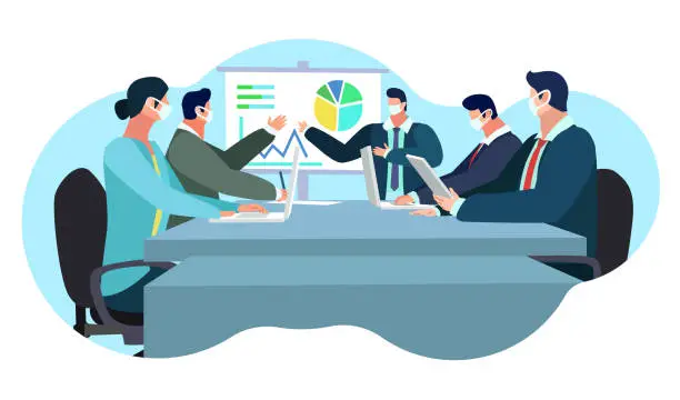 Vector illustration of masked business meeting
