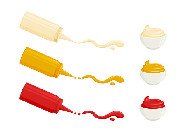 illustrations, cliparts, dessins animés et icônes de sauces icônes vectorielles. mayonnaise, moutarde, ketchup aux tomates. sauces dans des bouteilles et des bols. diverses épices chaudes ont déversé des lanières, des gouttes et des taches. - mustard bottle sauces condiment