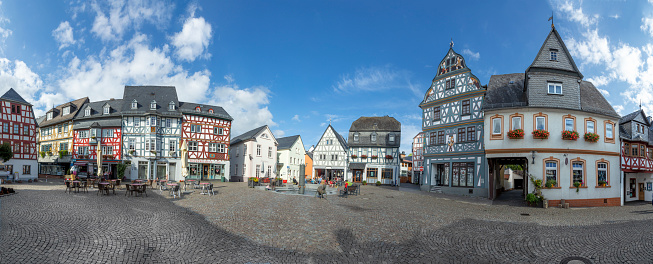 Bad Camberg, Germany - Sep 5, 2020:  panorama of historic market place in Bad Camberg. In 1000, Otto III donated the Cagenberg estate to the Burtscheid Monastery. Cagenberg means Cargos Mountain.