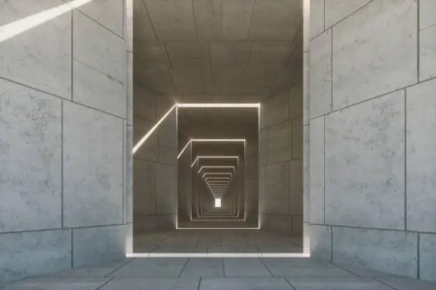 Empty concrete corridor, 3D generated image.