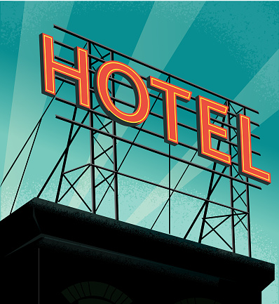 Vector illustration of a Retro rooftop billboard sign that reads Hotel text design. Vector eps is fully editable to customize your own unique sign. All letters grouped individually for easy editing. Download includes vector eps 10 and jpg.