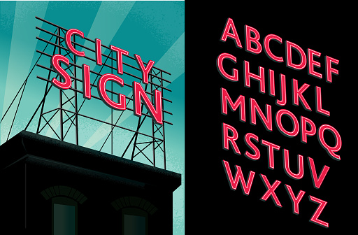 Vector illustration of a decorative alphabet font set for rooftop. Includes template for billboard sign on roof top as well as complete font design. Vector eps is fully editable to customize your own unique sign. All letters grouped individually for easy editing. Download includes vector eps 10 and jpg.