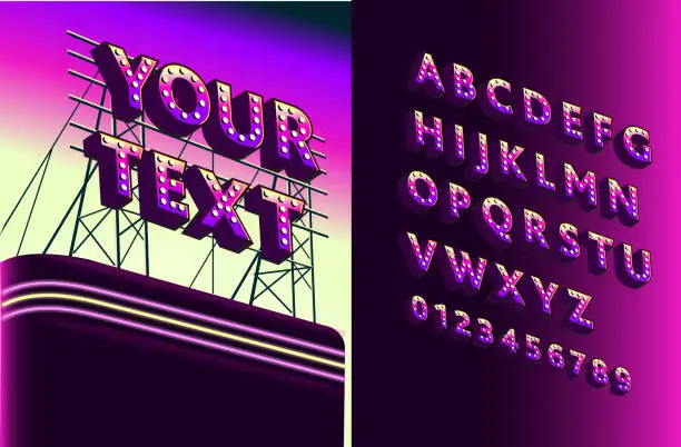 Vector illustration of Retro rooftop billboard sign decorative alphabet font set in synth wave style