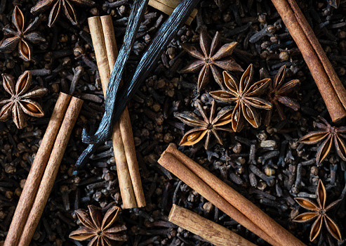 Full frame image of vanilla bean, cinnamon, star anise and clove.