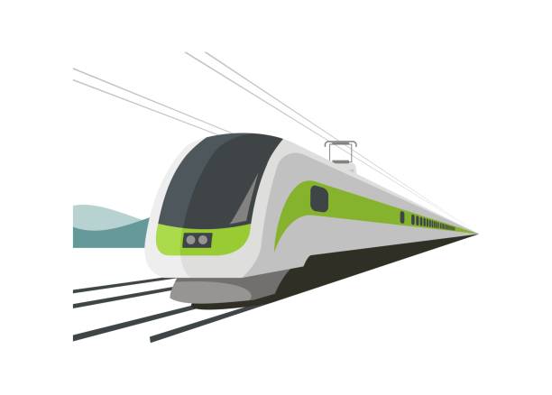 szybki pociąg kursuje na dwutorowym torze z sylwetką górską. prosta płaska ilustracja. - train stock illustrations