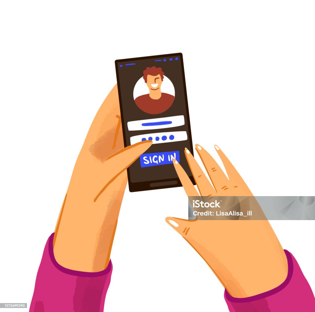 Human Using Mobile App Sign In Hand With Phone Vector Concept With User Logging In Site Or Application ...