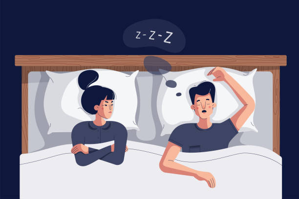 Woman suffers insomnia because of snoring man in bed. Husband snores loudly, angry frustrated wife can not sleep because of noise snoring. Vector illustration of cartoon couple in bed in flat design Woman suffers insomnia because of snoring man in bed. Husband snores loudly and angry frustrated wife can not sleep because of noise snoring. Vector illustration of cartoon couple in bed, flat design husband stock illustrations