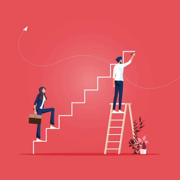 Business career challenge and teamwork concept Businessman drawing steps and team climbing career ladder, Symbol of corporate ladder, job opportunity, achievement and teamwork climbing stairs drawing stock illustrations