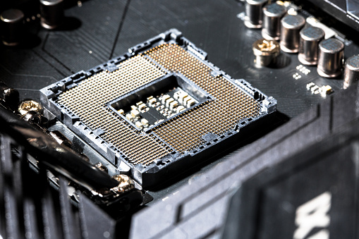 Macro photography of CPU and computer motherboard