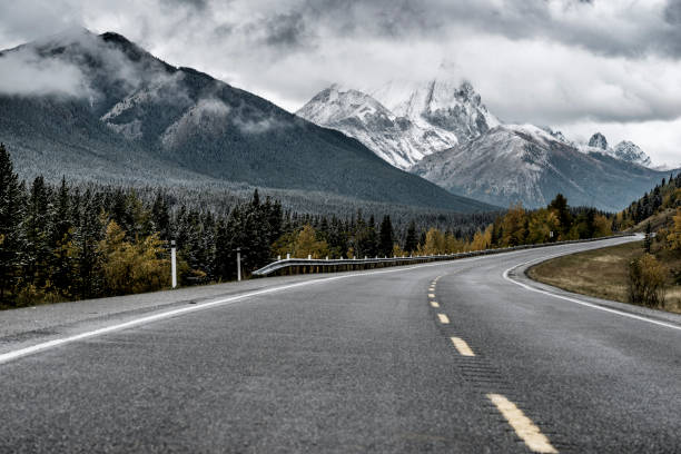 carretera de montaña sinuosa en el parque nacional banff - landscape canada mountain rock fotografías e imágenes de stock