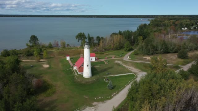 Aerial View of the Tawas Point Lighthouse on Lake Huron