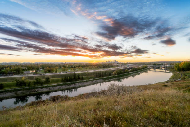 istock Calgary sunset cityscape with motion traffic 1272711004