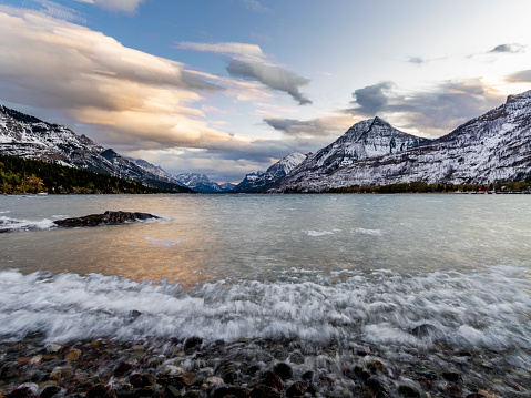 motion waves of Waterton Lake in winter, AB, Canada.