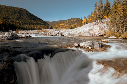 View of Sheep River Falls at a sunny day in the autumn season,Alberta,Canada.