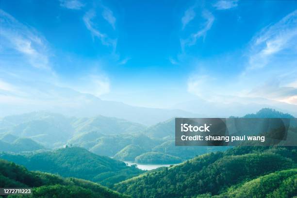 World Environment Day Concept Green Mountains And Beautiful Blue Sky Clouds Stock Photo - Download Image Now