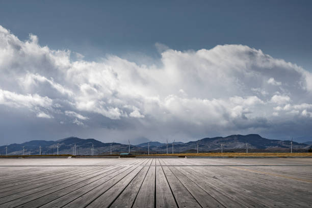 Empty wooden patio front of canadian rockies and evergreen forest,Banff national park,Alberta,Canada.