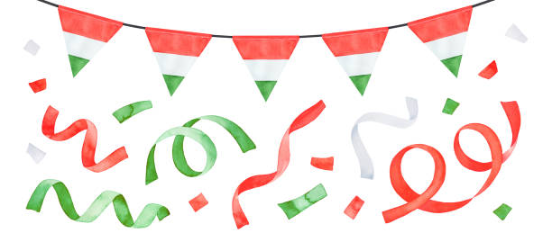 Water color drawing of bright garland with tricolor flag of Hungary and party streamers set. Red, white, green colours. Hand drawn watercolour paint, cut out clip art elements for design decoration. Hand drawn watercolor illustration. lake balaton stock illustrations